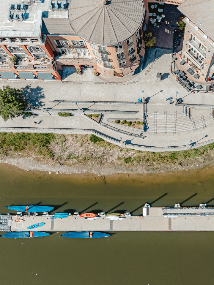 Aerial view of the Main Street Dock at 700 Main Street in downtown Napa